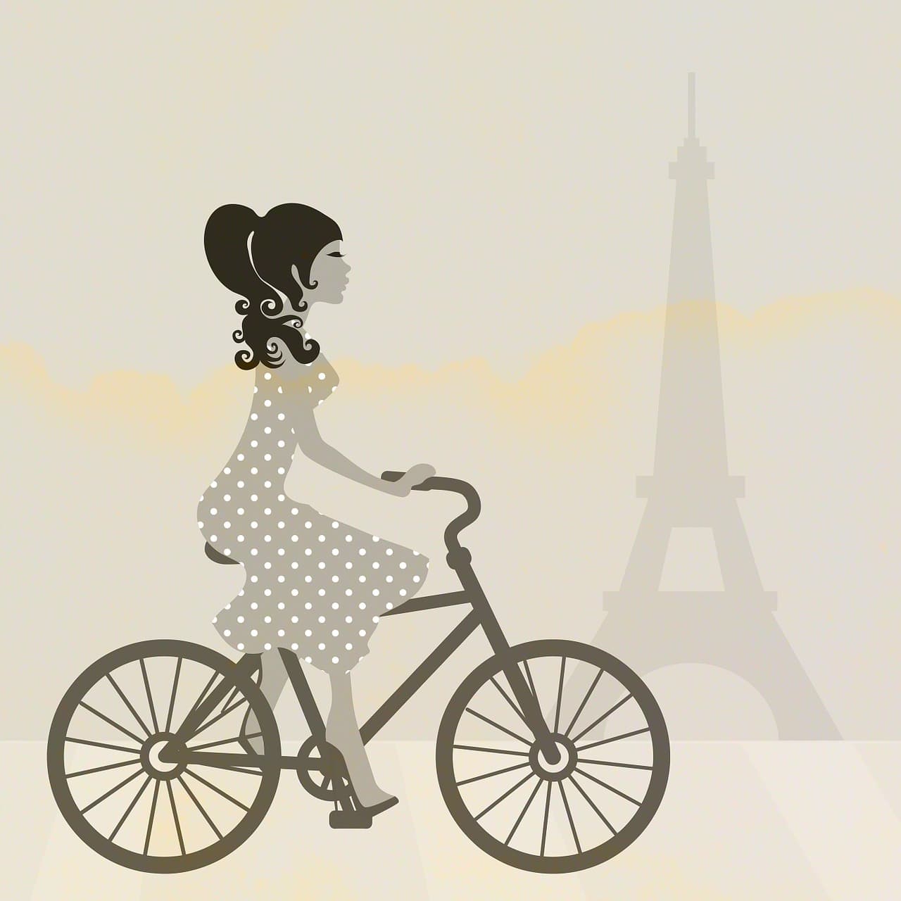 パリエッフェル塔と自転車に乗る女性のイラスト